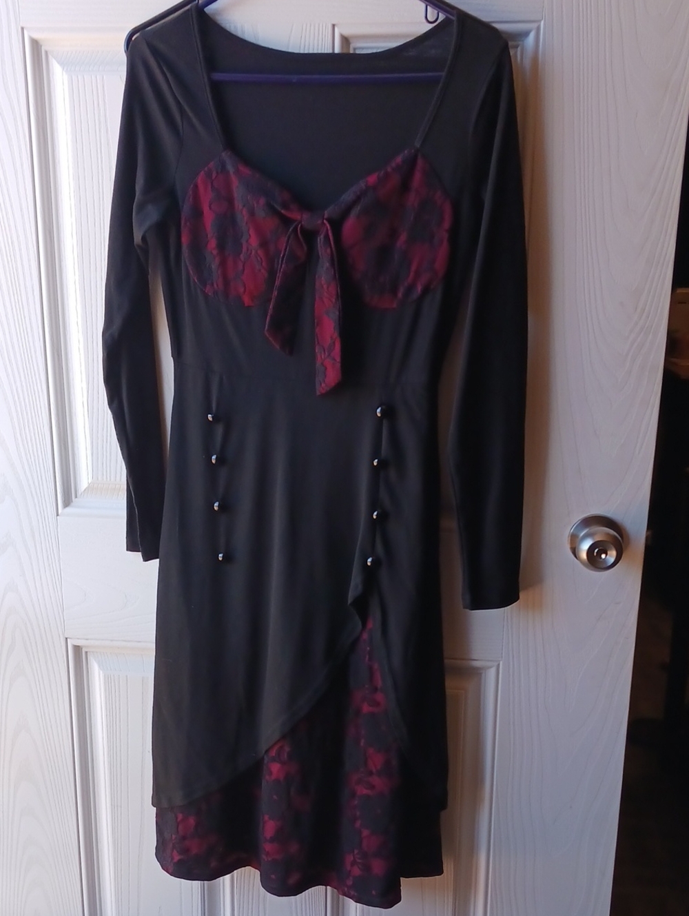 Black and Burgundy Lace-Accent Long Sleeve Dress